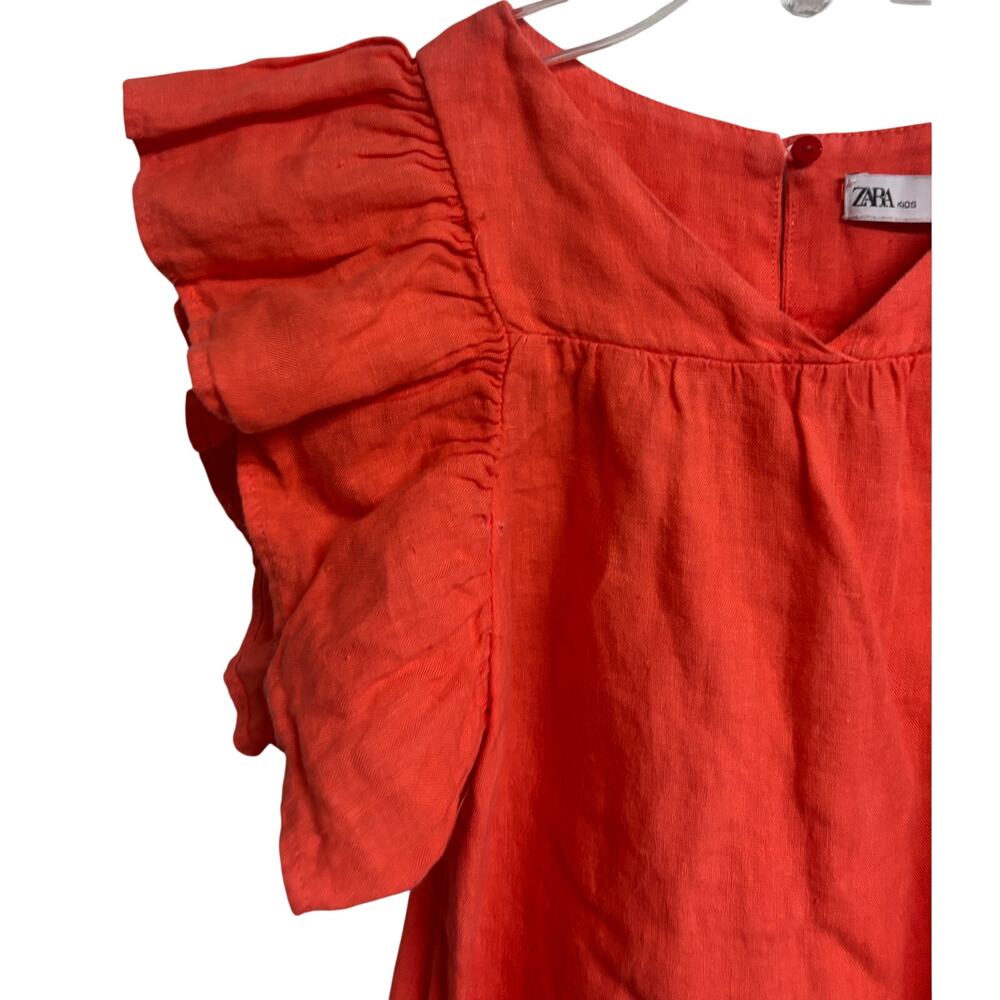 Zara Girls Linen Dress Orange Flutter Sleeve Ruffle Hem Summer Size 7 NWT New - Picture 2 of 7